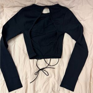Women’s Black Long-Sleeve Lace-Up Back Top